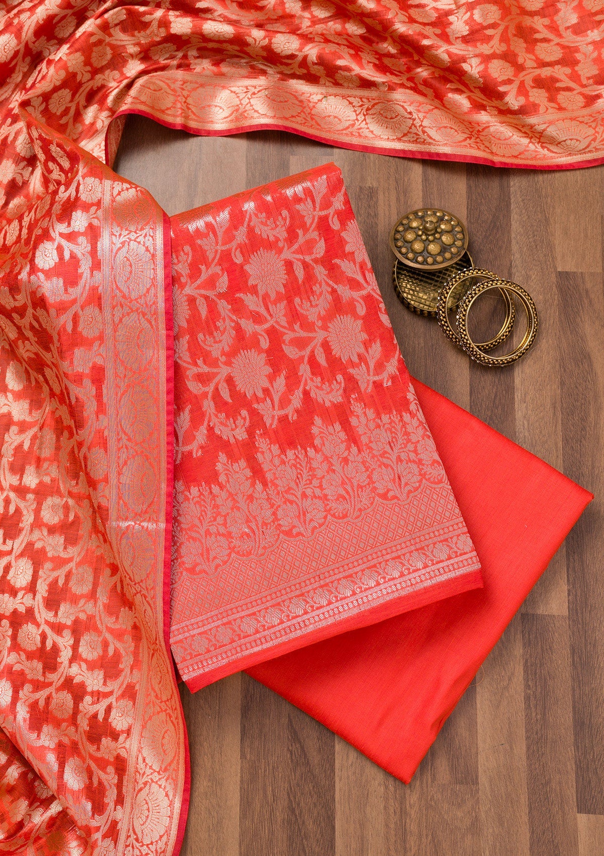 Red Printed Banarasi Unstitched Salwar Suit-Koskii