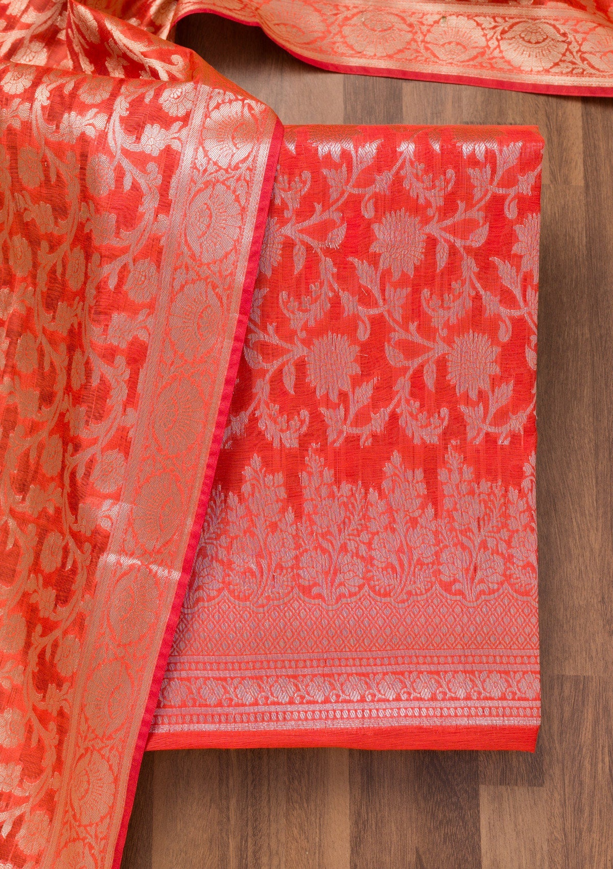 Red Printed Banarasi Unstitched Salwar Suit-Koskii