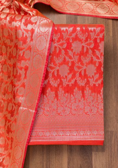 Red Printed Banarasi Unstitched Salwar Suit-Koskii