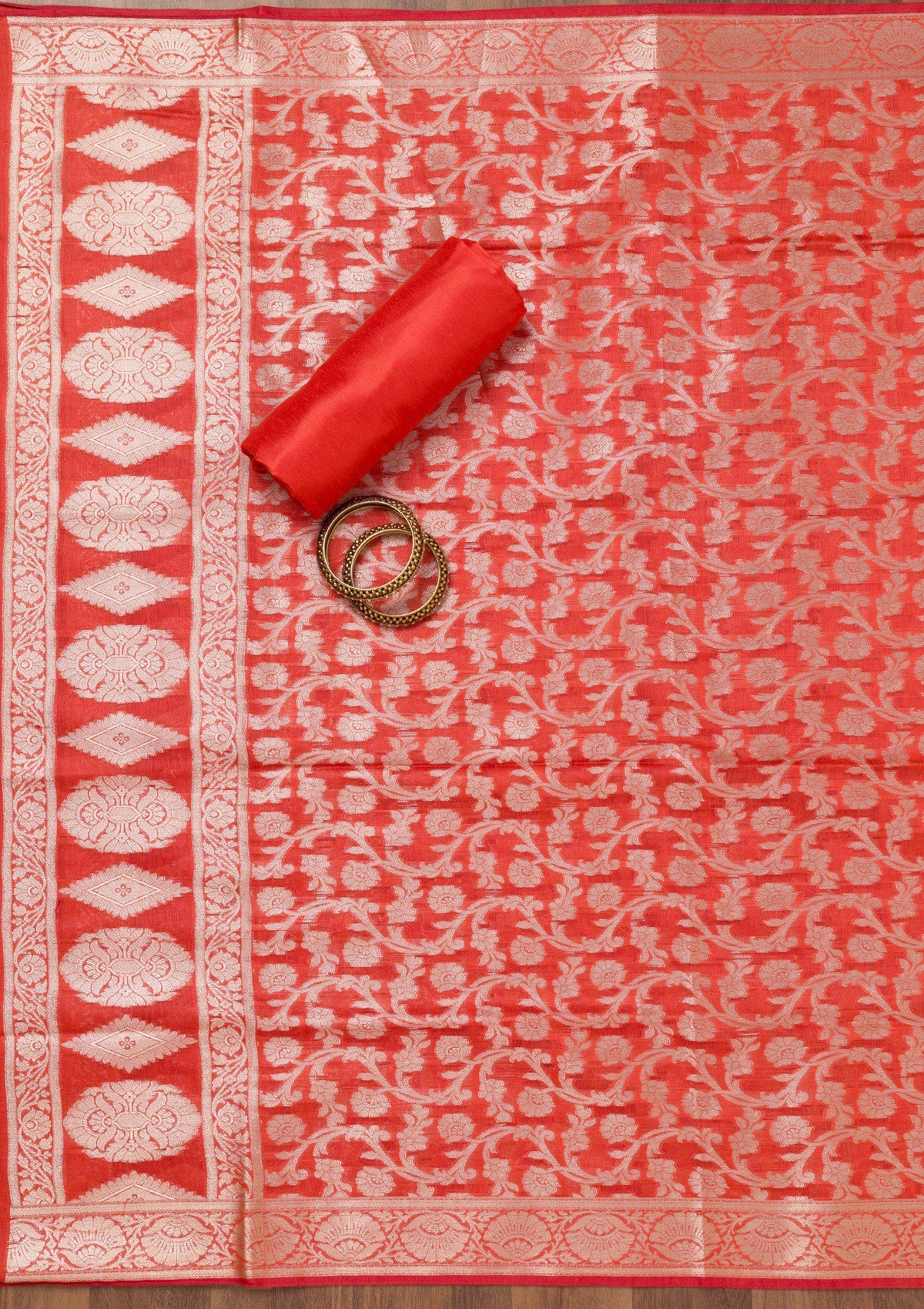 Red Printed Banarasi Unstitched Salwar Suit-Koskii