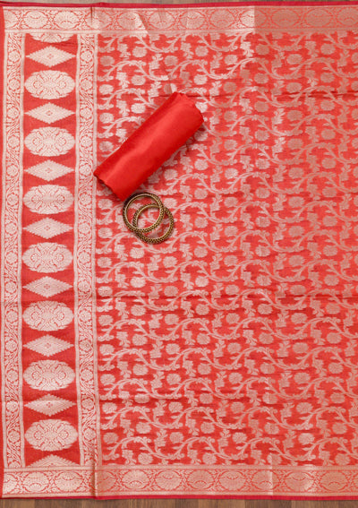 Red Printed Banarasi Unstitched Salwar Suit-Koskii