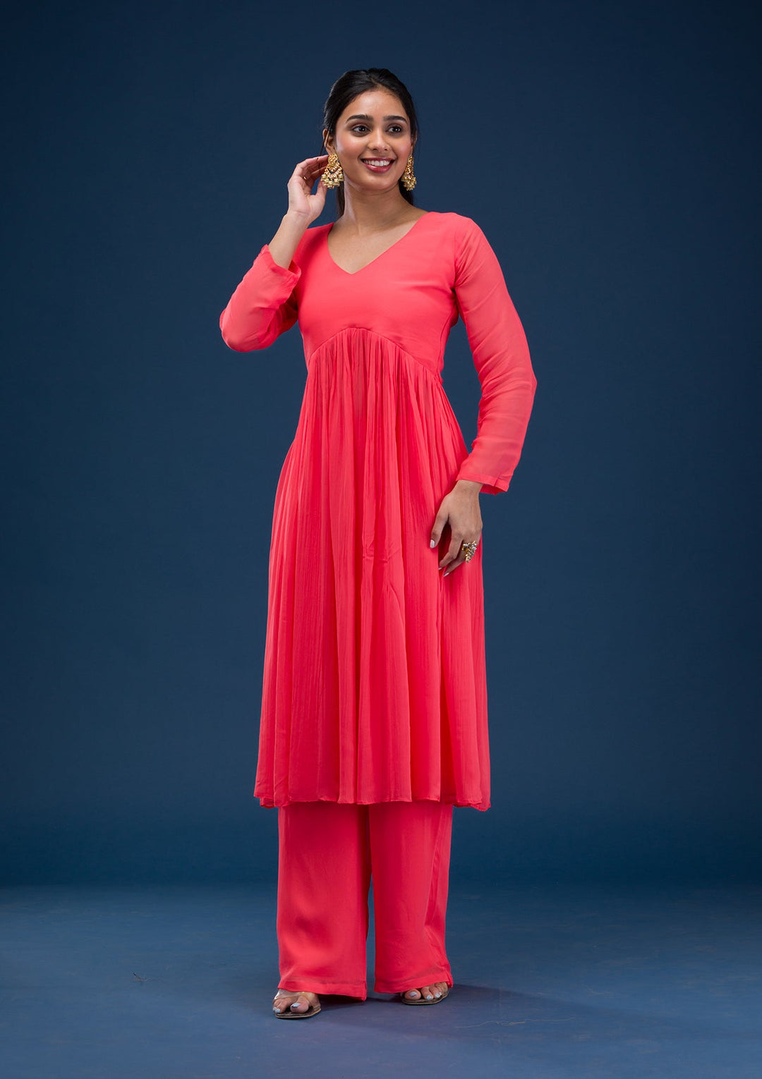 Red Printed Chiffon Readymade Salwar Suit-Koskii
