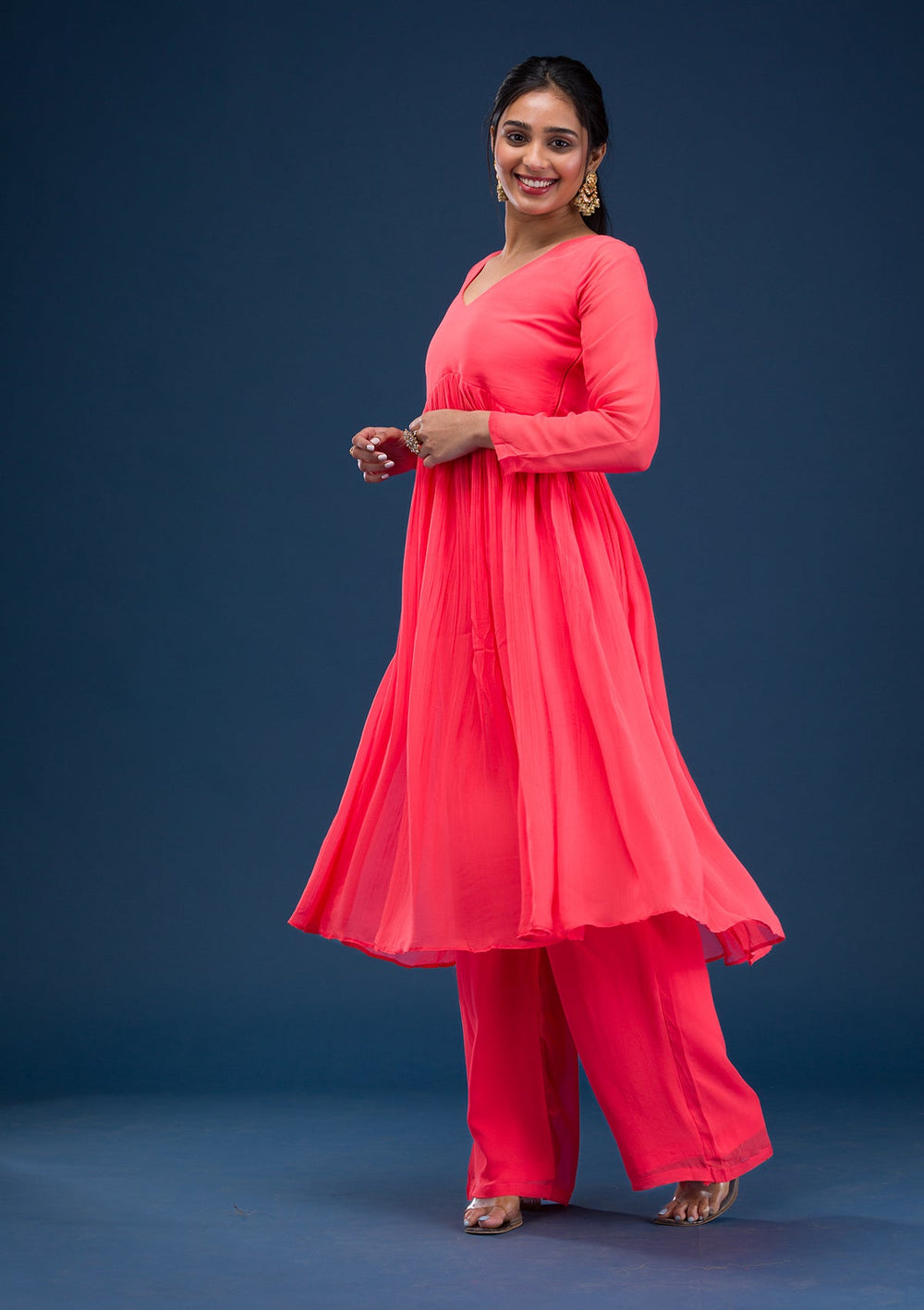 Red Printed Chiffon Readymade Salwar Suit-Koskii