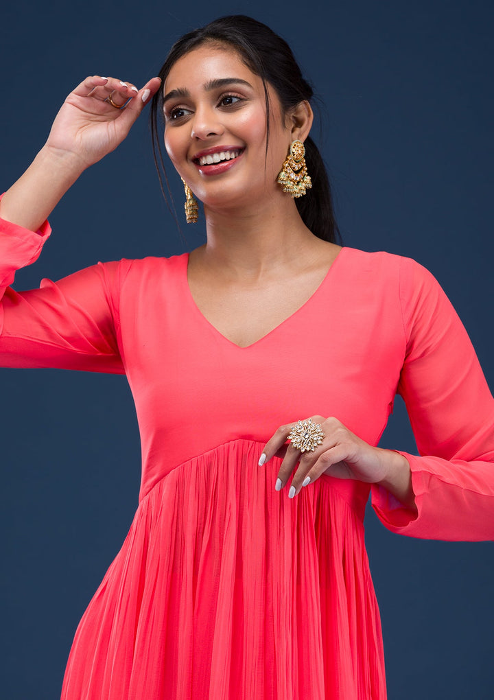 Red Printed Chiffon Readymade Salwar Suit-Koskii