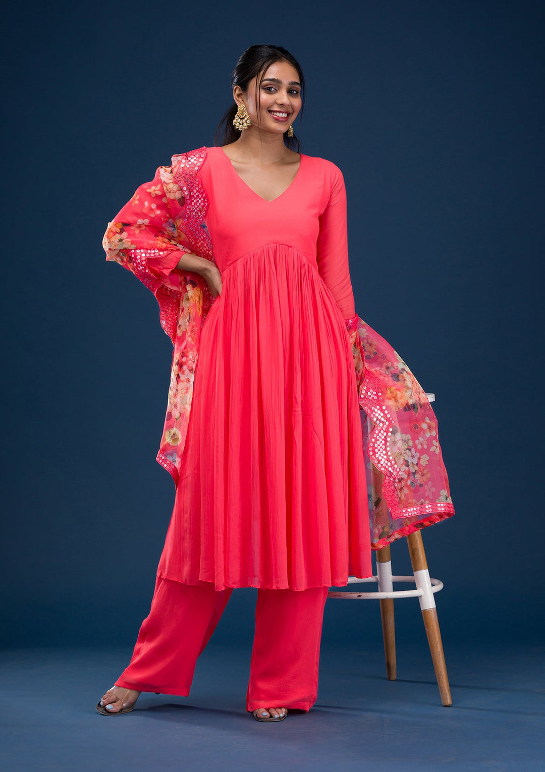Red Printed Chiffon Readymade Salwar Suit-Koskii