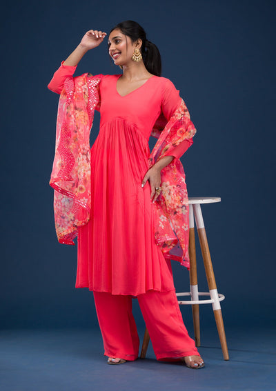 Red Printed Chiffon Readymade Salwar Suit-Koskii