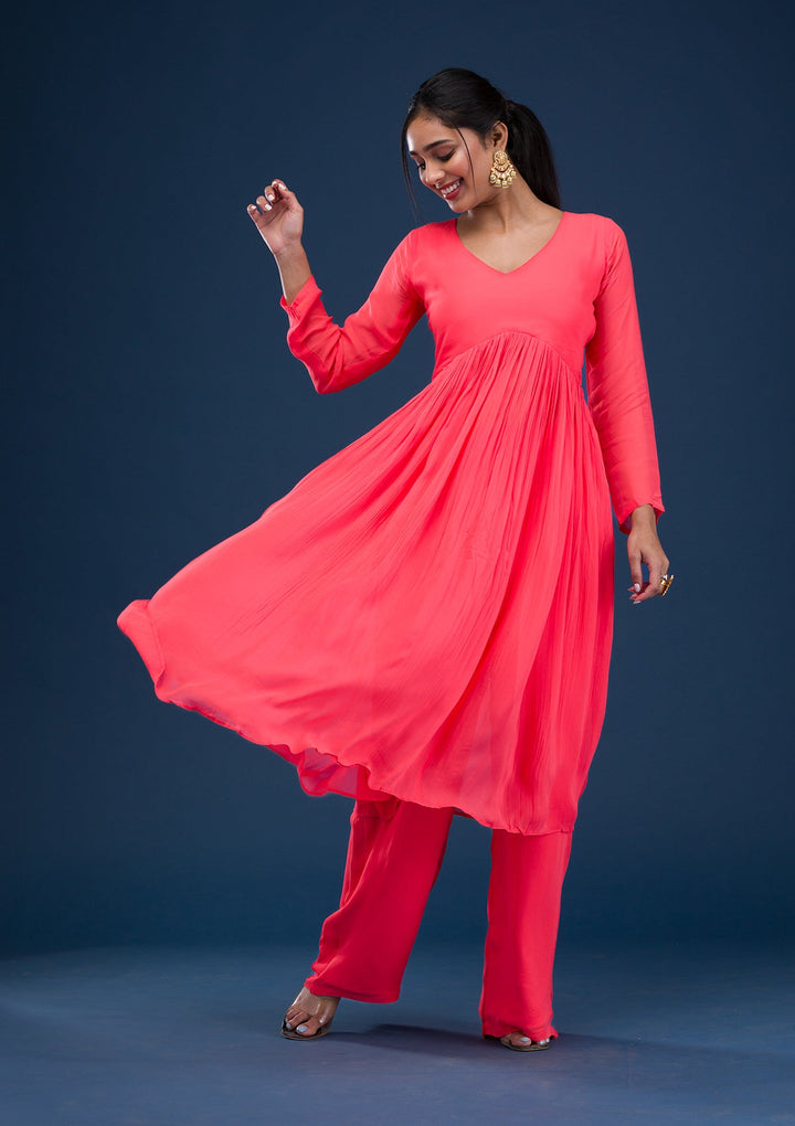 Red Printed Chiffon Readymade Salwar Suit-Koskii