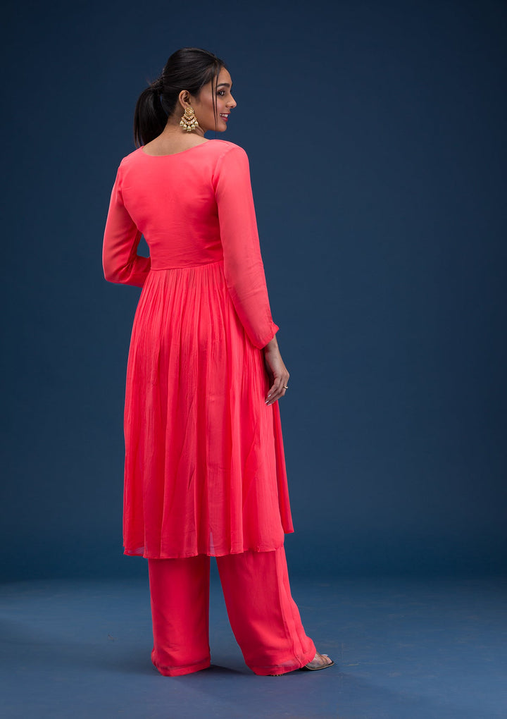 Red Printed Chiffon Readymade Salwar Suit-Koskii