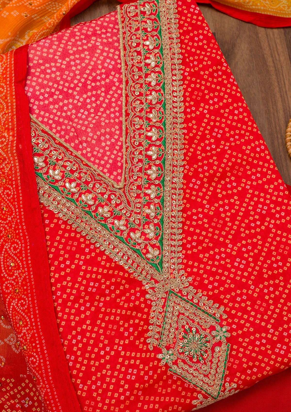 Red Printed Chiffon Unstitched Salwar Suit-Koskii