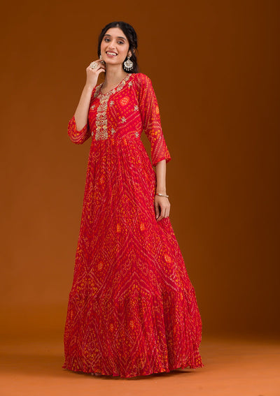 Red Printed Georgette Readymade Salwar Suit-Koskii