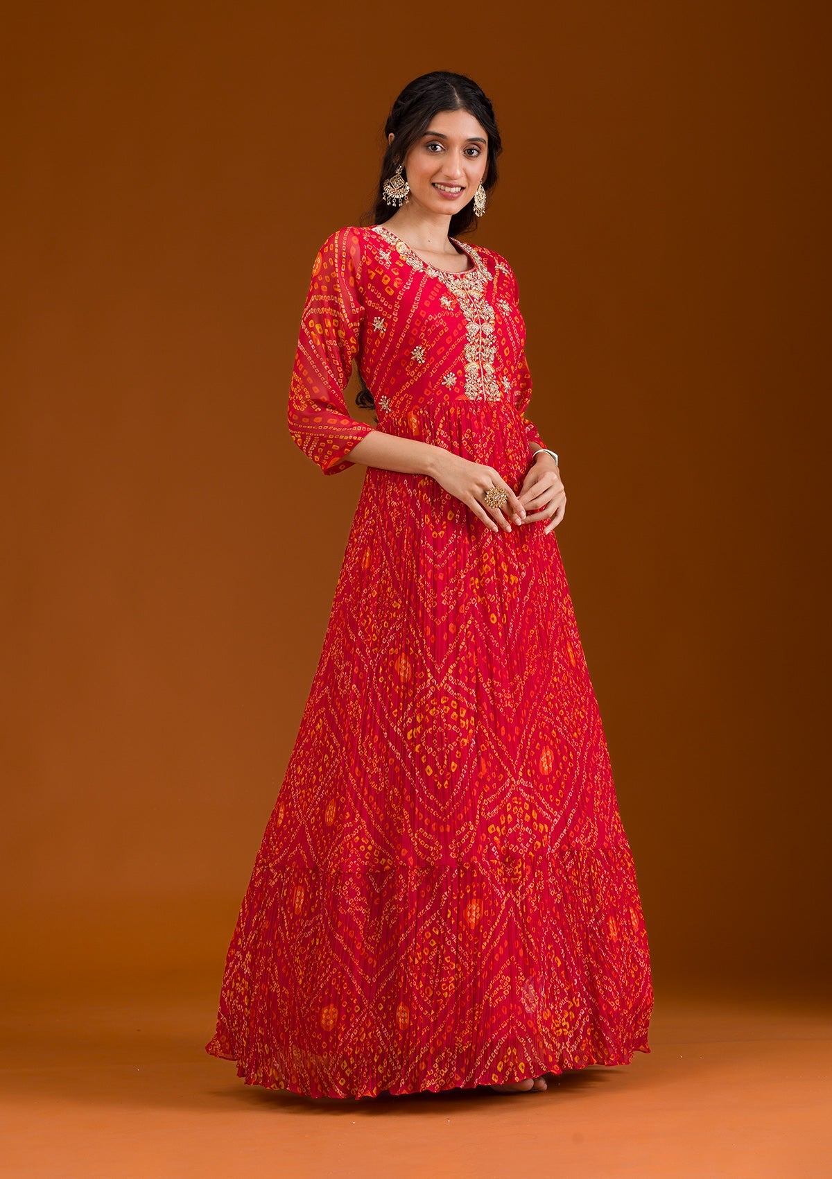 Red Printed Georgette Readymade Salwar Suit-Koskii