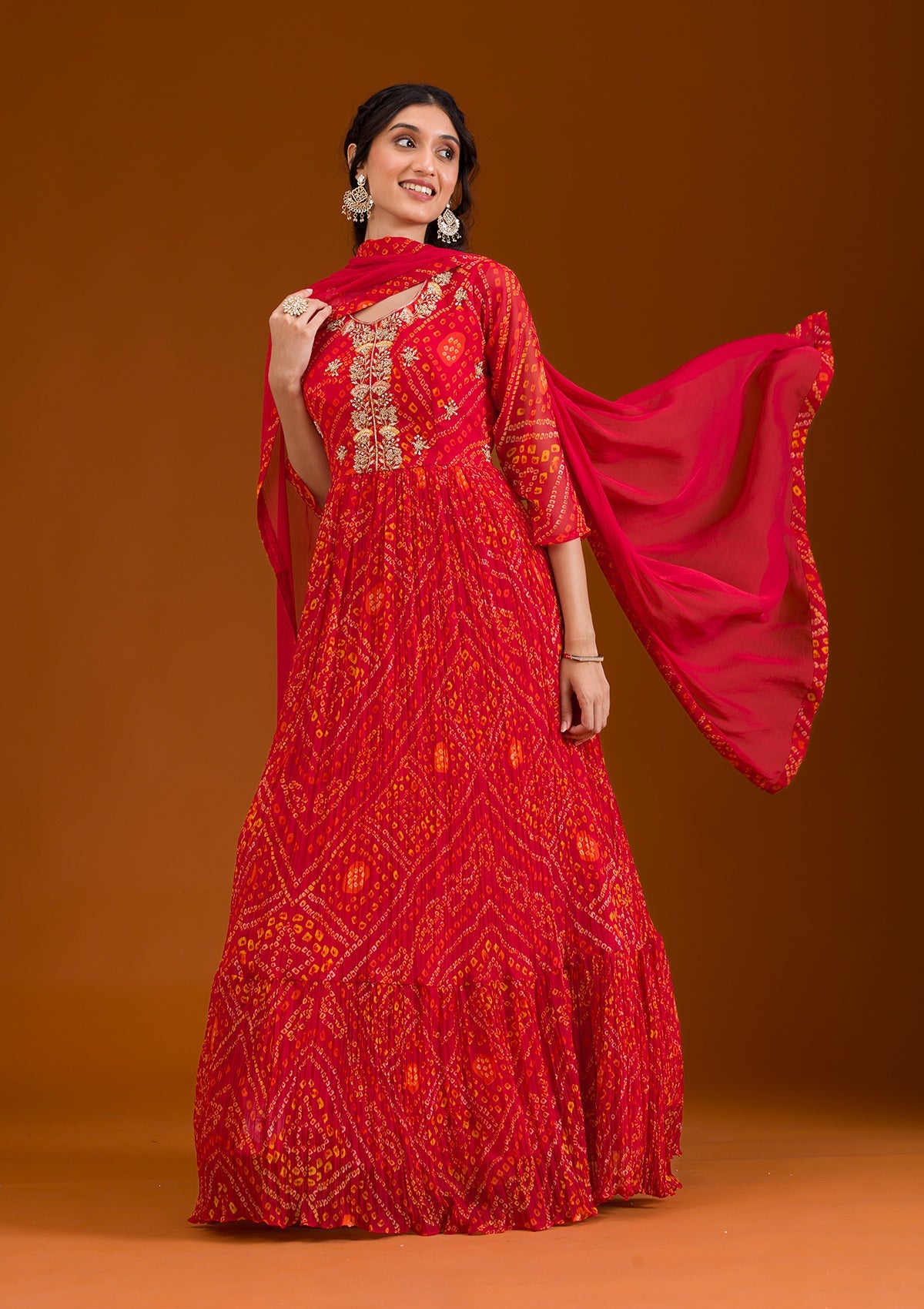 Red Printed Georgette Readymade Salwar Suit-Koskii