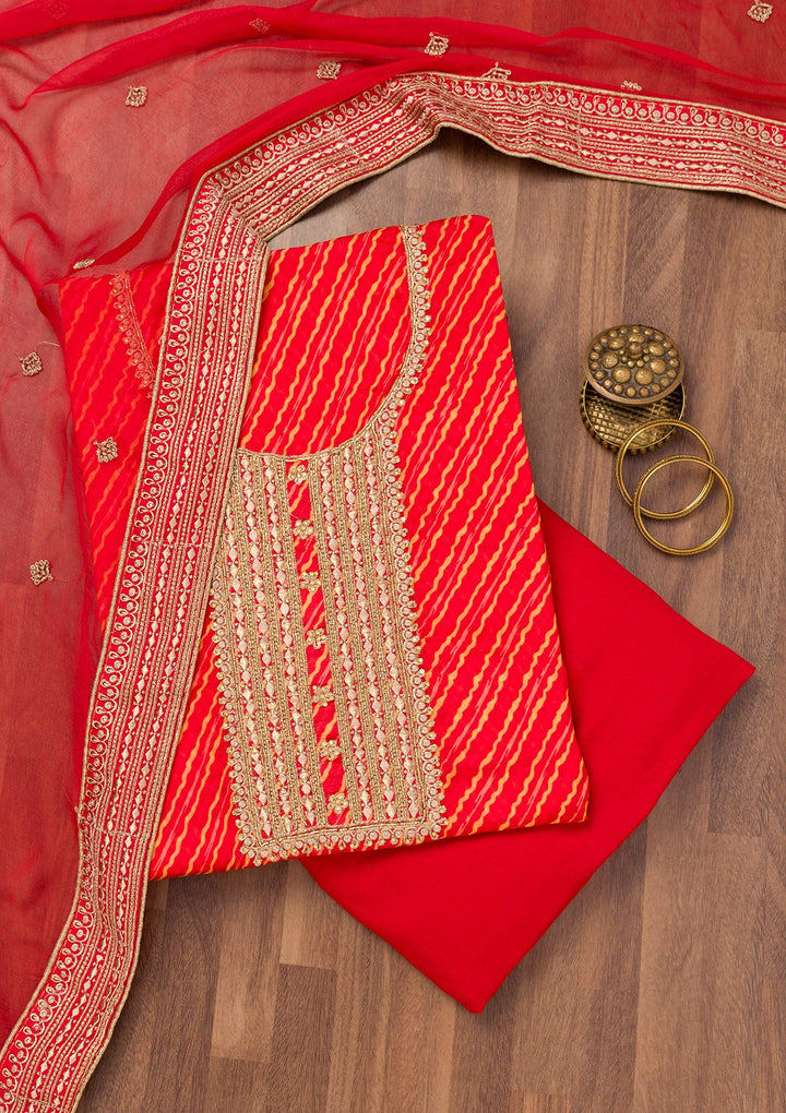 Red Printed Georgette Unstitched Salwar Suit-Koskii