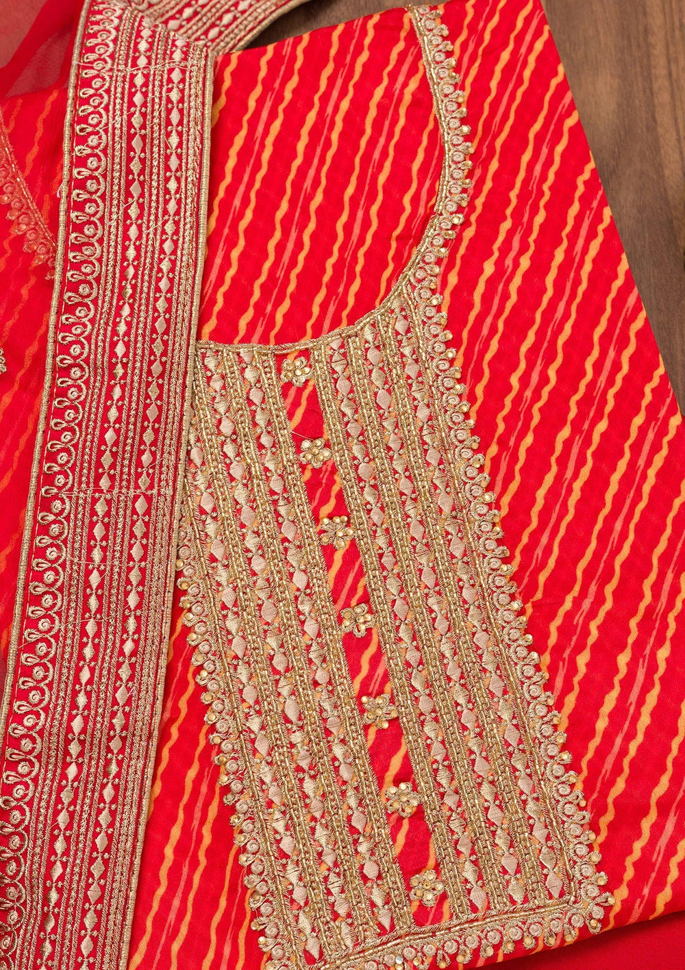 Red Printed Georgette Unstitched Salwar Suit-Koskii