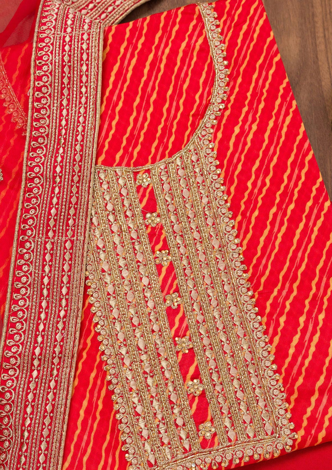 Red Printed Georgette Unstitched Salwar Suit-Koskii