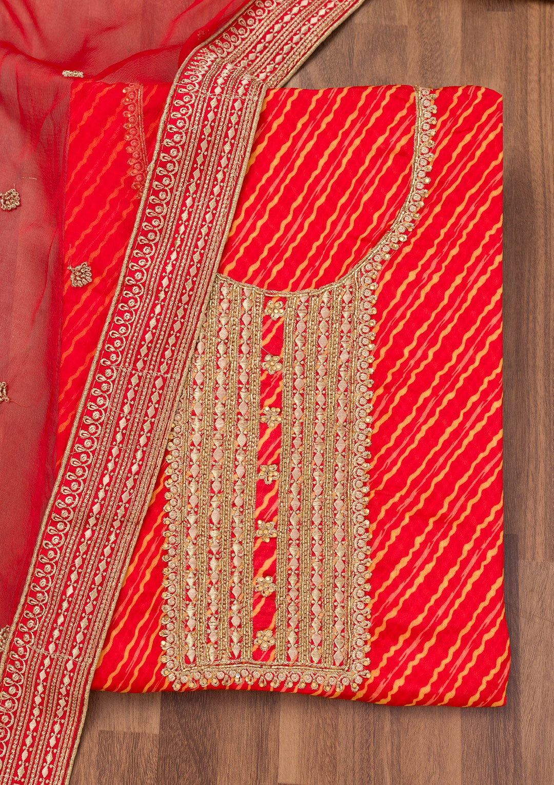 Red Printed Georgette Unstitched Salwar Suit-Koskii