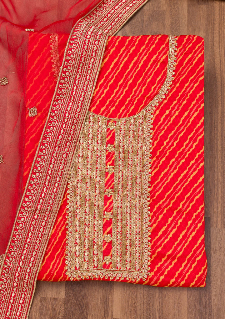 Red Printed Georgette Unstitched Salwar Suit-Koskii