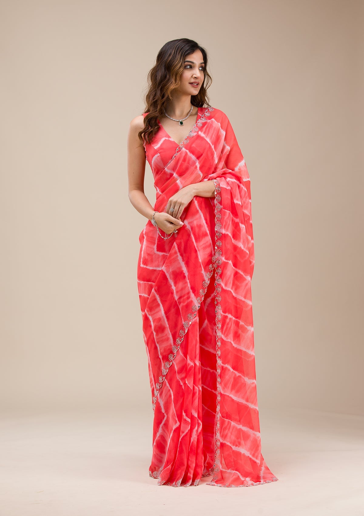 Red Printed Georgette Saree-Koskii