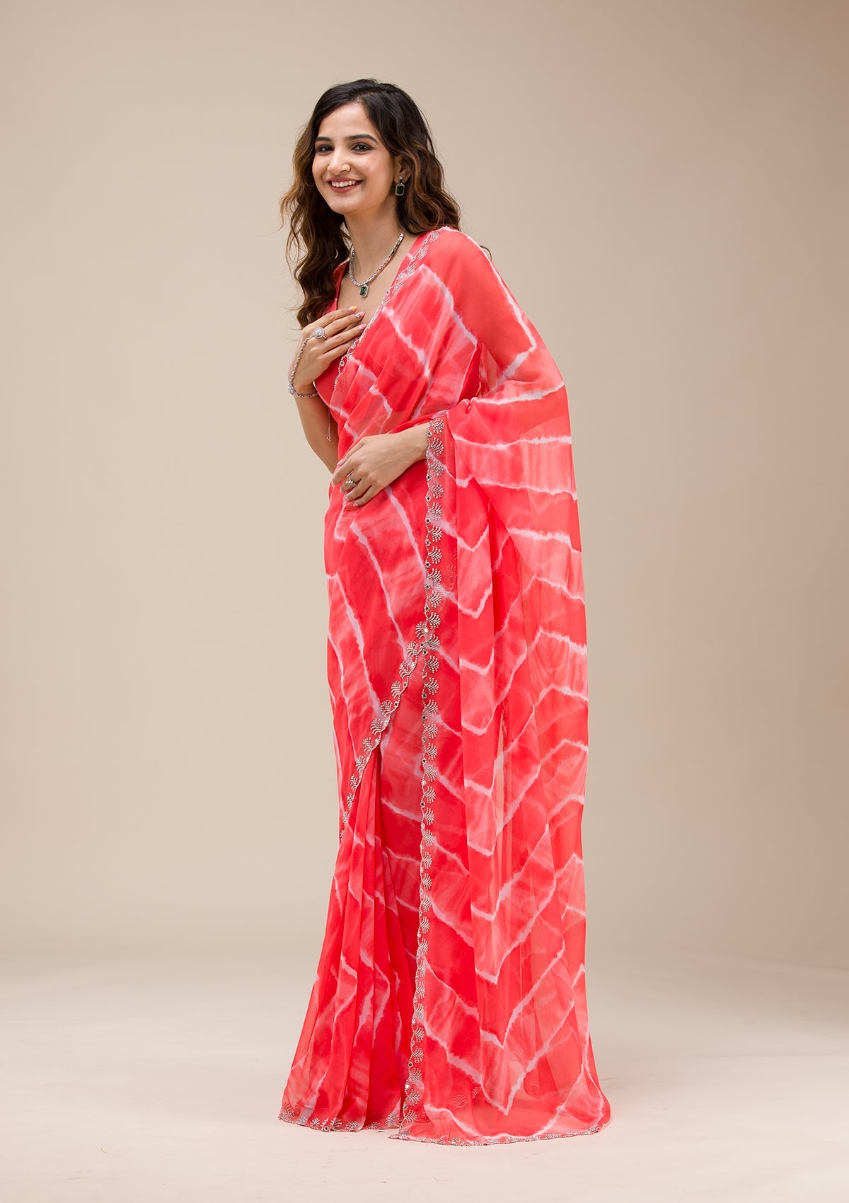 Red Printed Georgette Saree-Koskii