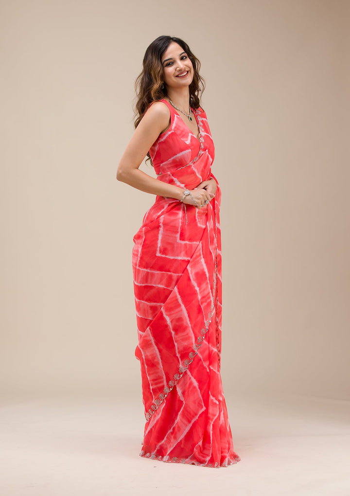 Red Printed Georgette Saree-Koskii