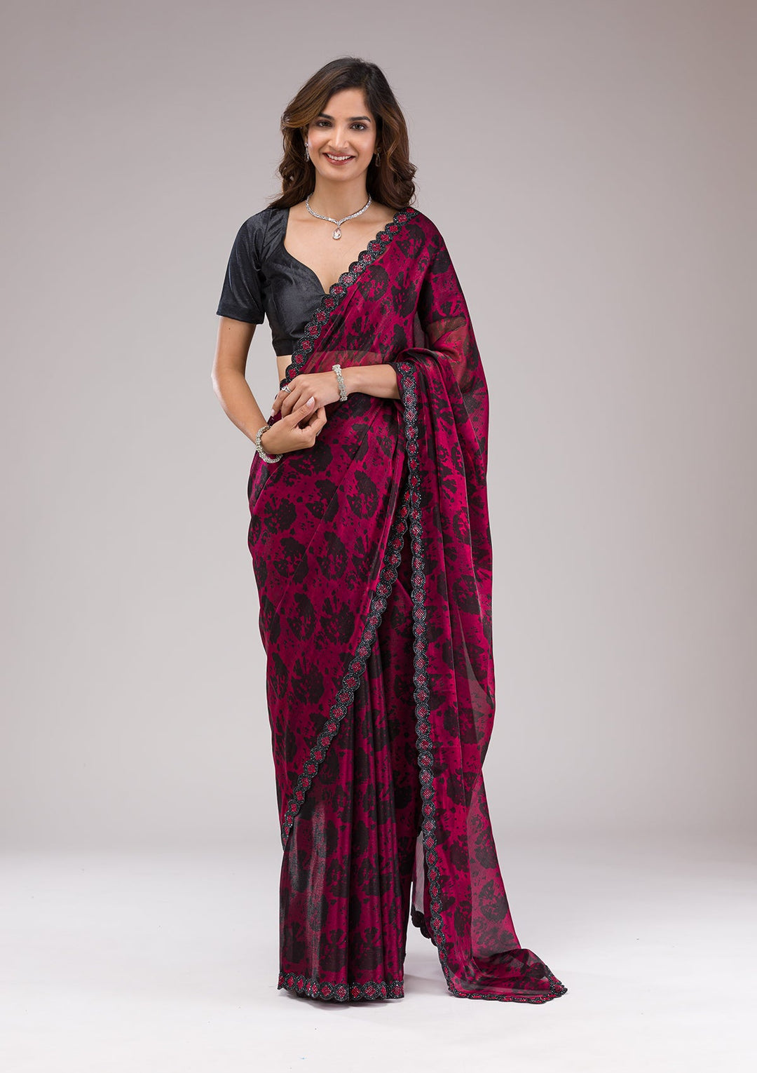Red Printed Organza Saree-Koskii