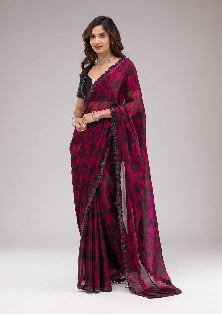 Red Printed Organza Saree-Koskii