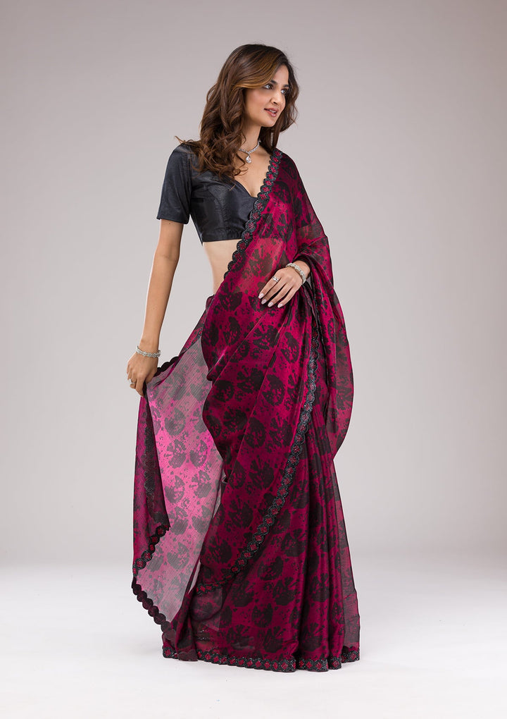 Red Printed Organza Saree-Koskii