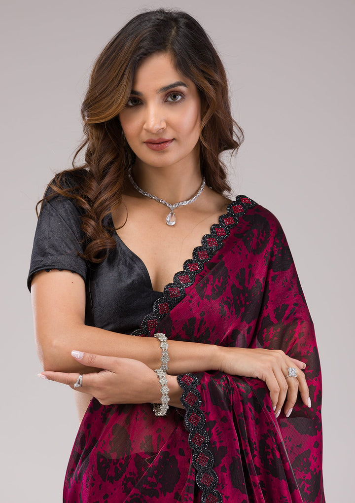 Red Printed Organza Saree-Koskii