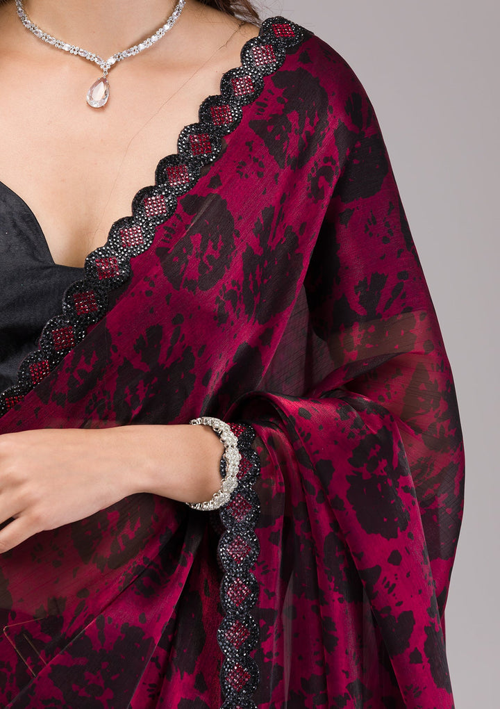 Red Printed Organza Saree-Koskii