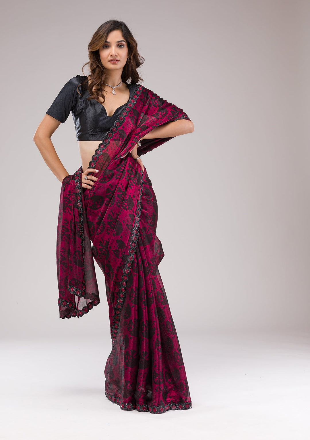 Red Printed Organza Saree-Koskii