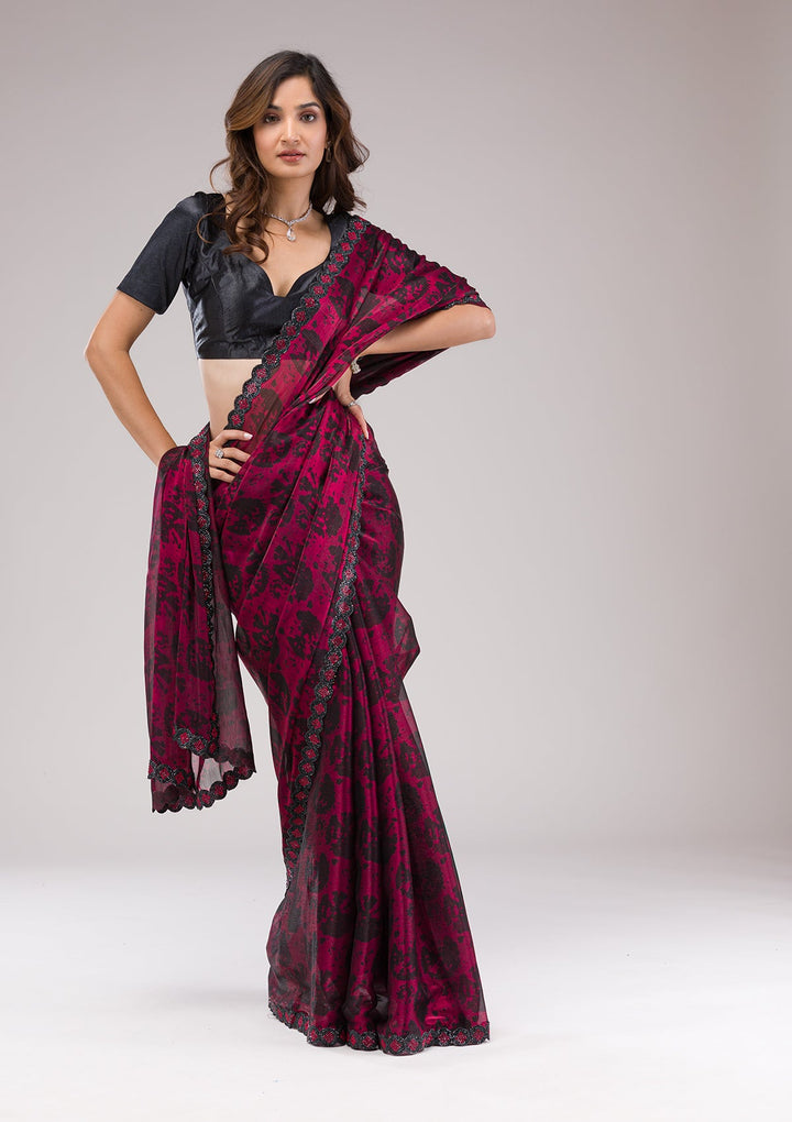 Red Printed Organza Saree-Koskii