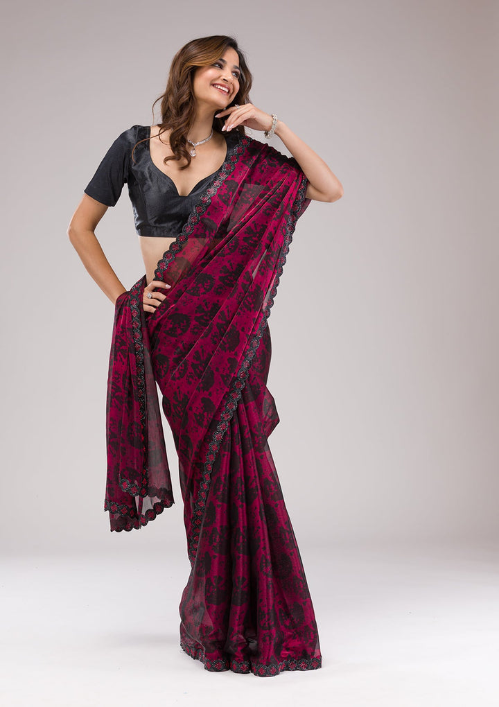 Red Printed Organza Saree-Koskii