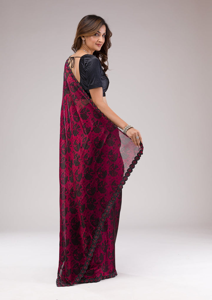 Red Printed Organza Saree-Koskii