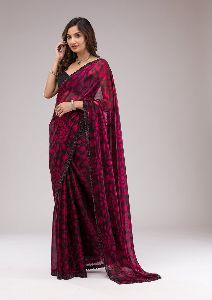 Red Printed Organza Saree-Koskii
