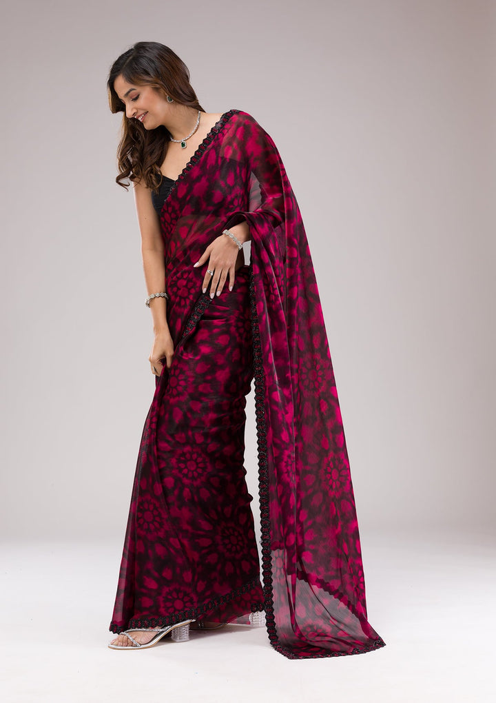 Red Printed Organza Saree-Koskii