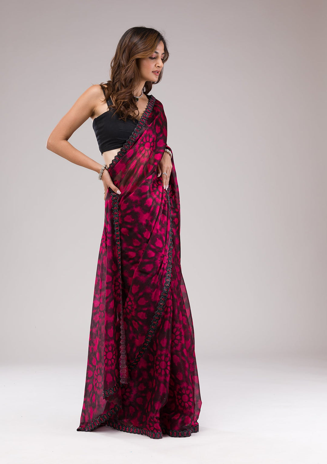 Red Printed Organza Saree-Koskii