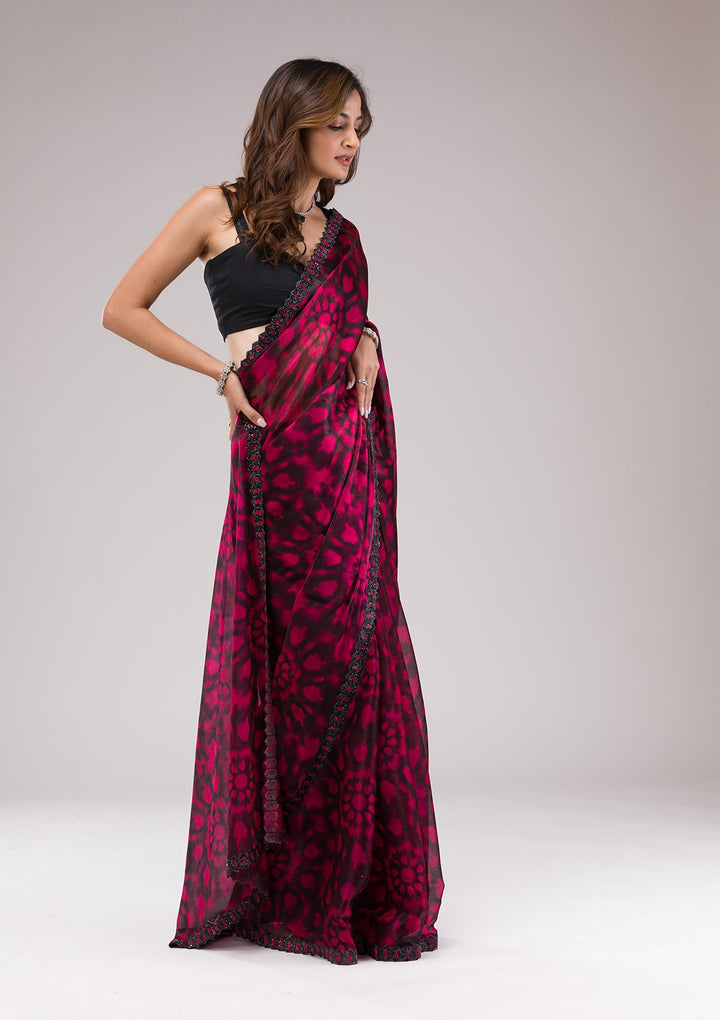 Red Printed Organza Saree-Koskii