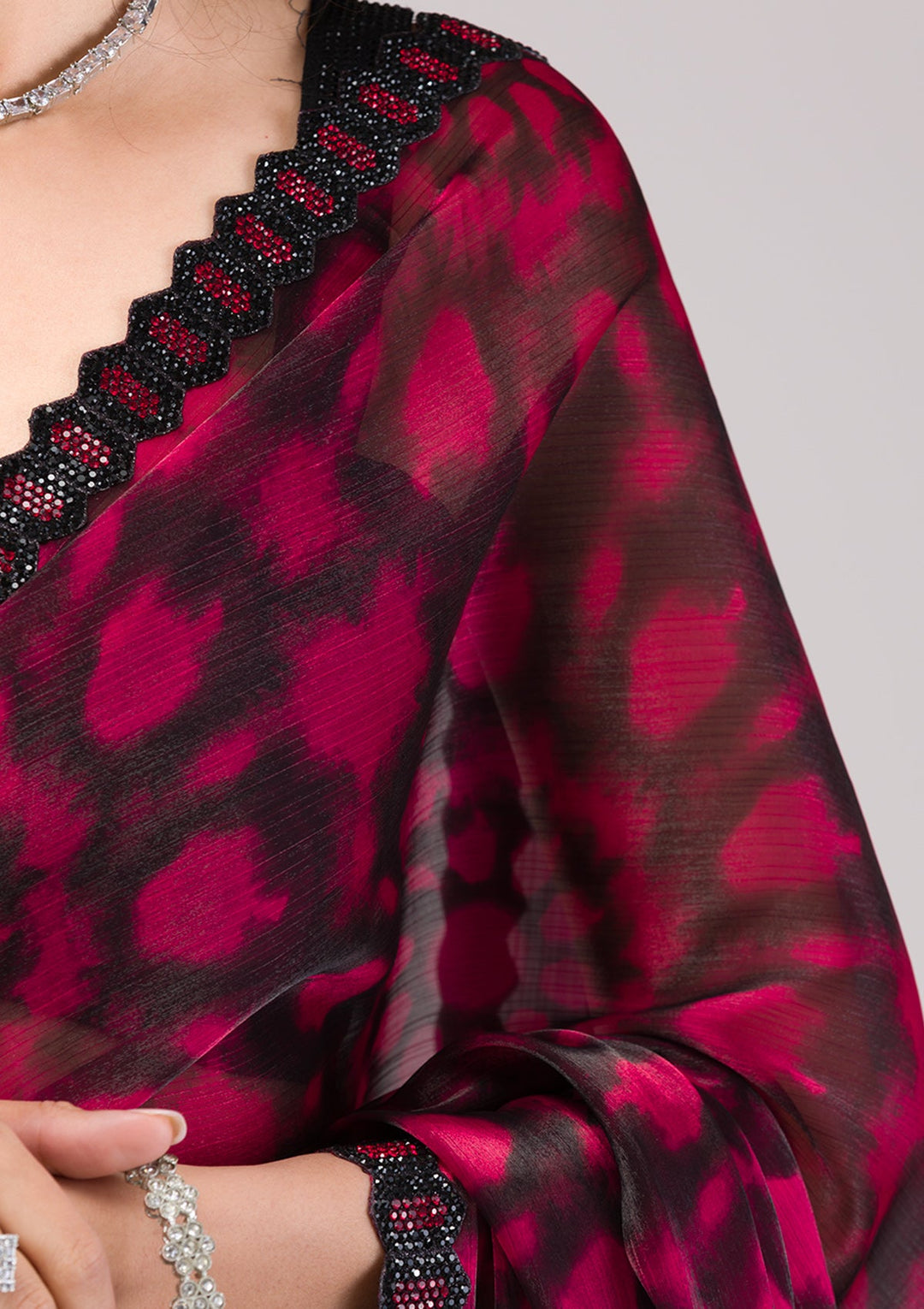 Red Printed Organza Saree-Koskii