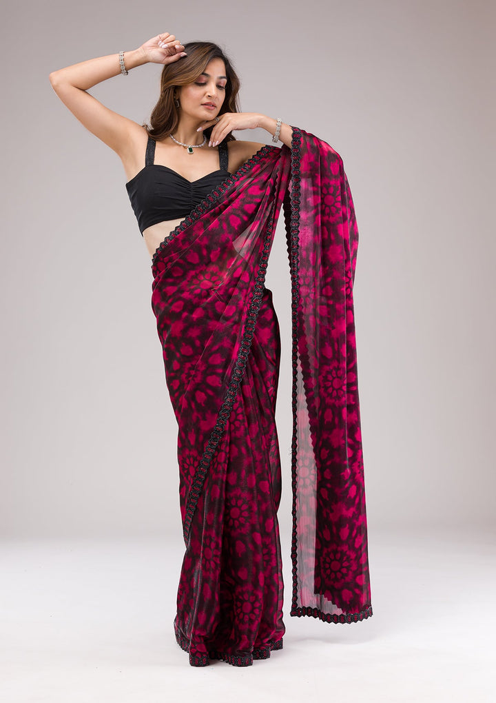 Red Printed Organza Saree-Koskii