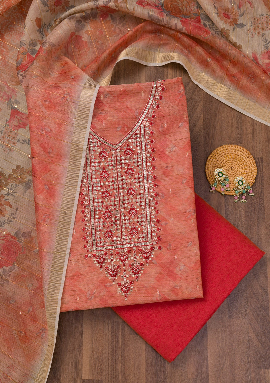 Red Printed Raw Silk Unstitched Salwar Suit-Koskii