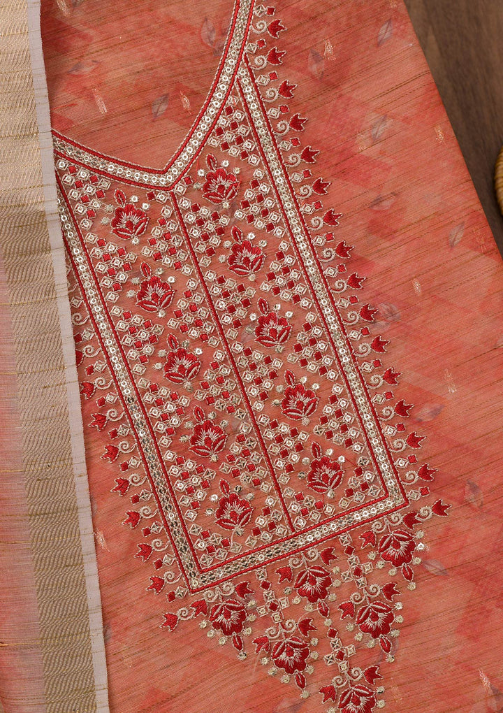 Red Printed Raw Silk Unstitched Salwar Suit-Koskii