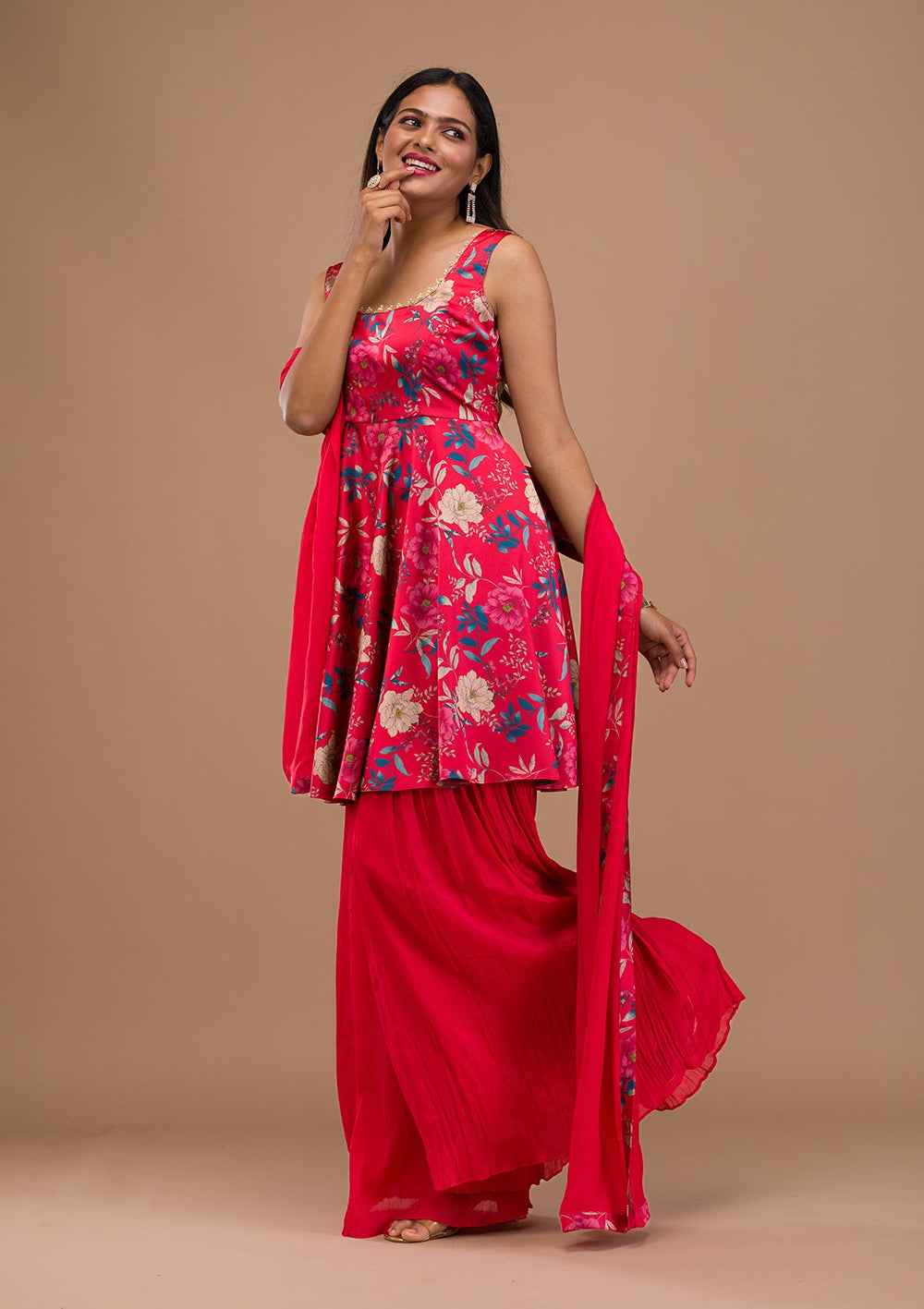 Red Printed Semi Crepe Readymade Salwar Suit-Koskii