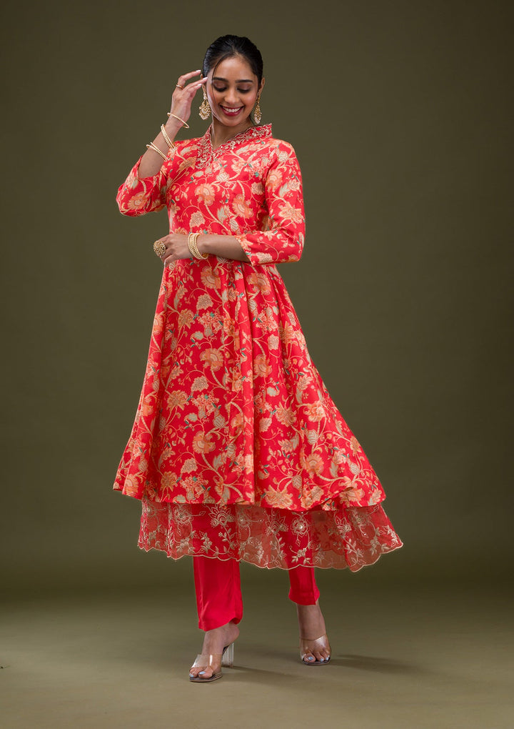 Red Printed Semi Crepe Readymade Salwar Suit-Koskii