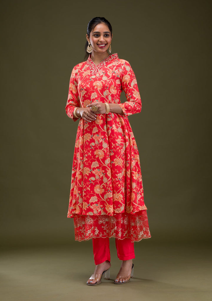 Red Printed Semi Crepe Readymade Salwar Suit-Koskii