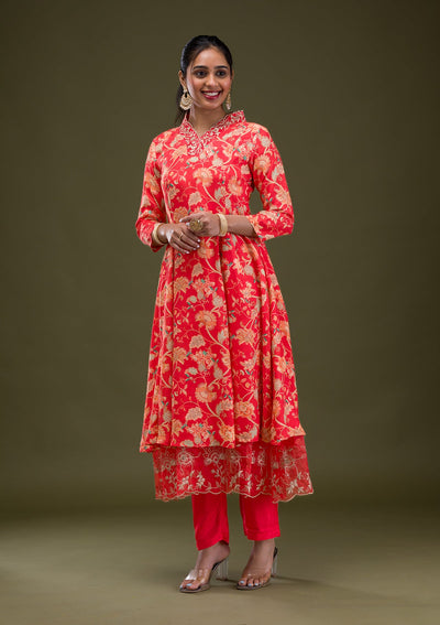 Red Printed Semi Crepe Readymade Salwar Suit-Koskii
