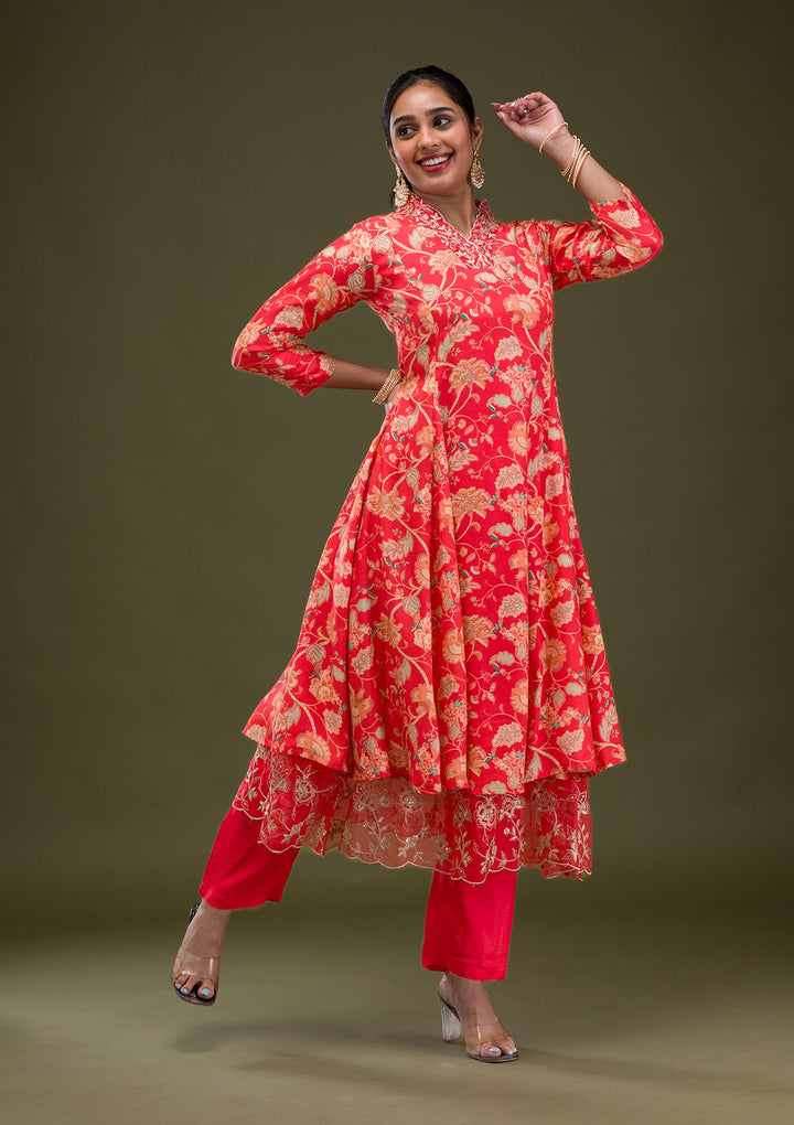 Red Printed Semi Crepe Readymade Salwar Suit-Koskii