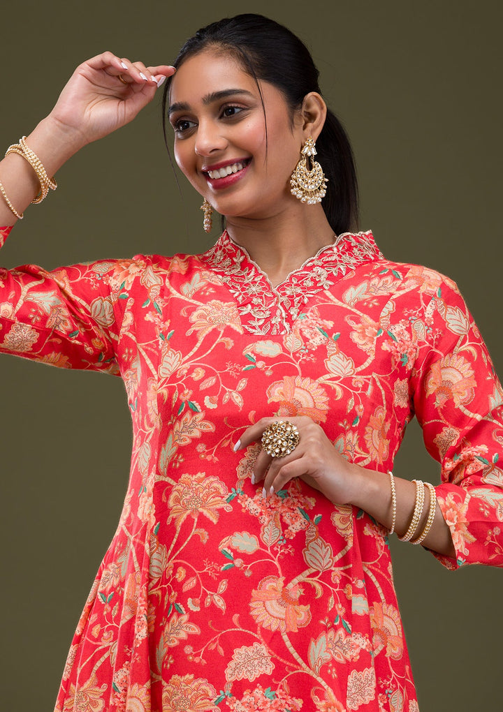 Red Printed Semi Crepe Readymade Salwar Suit-Koskii