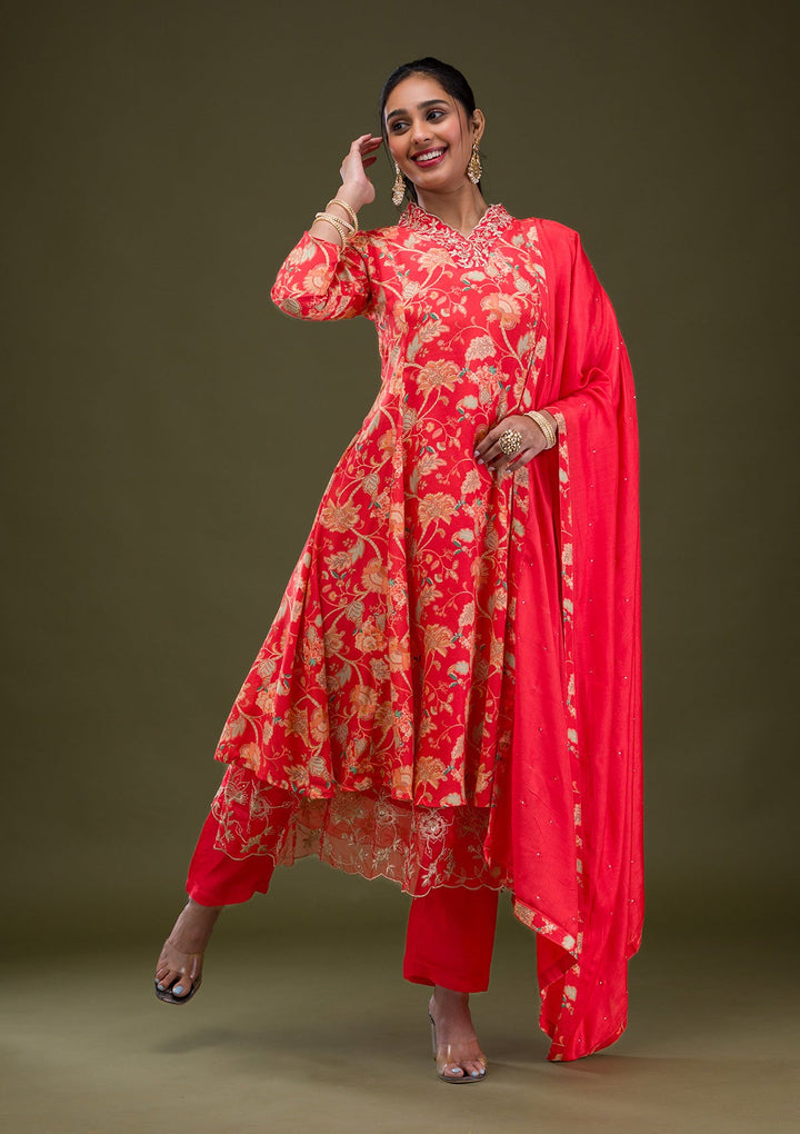 Red Printed Semi Crepe Readymade Salwar Suit-Koskii