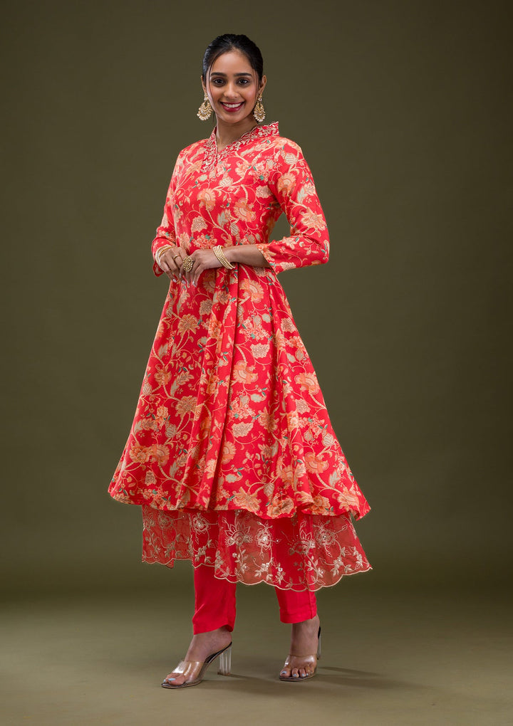 Red Printed Semi Crepe Readymade Salwar Suit-Koskii