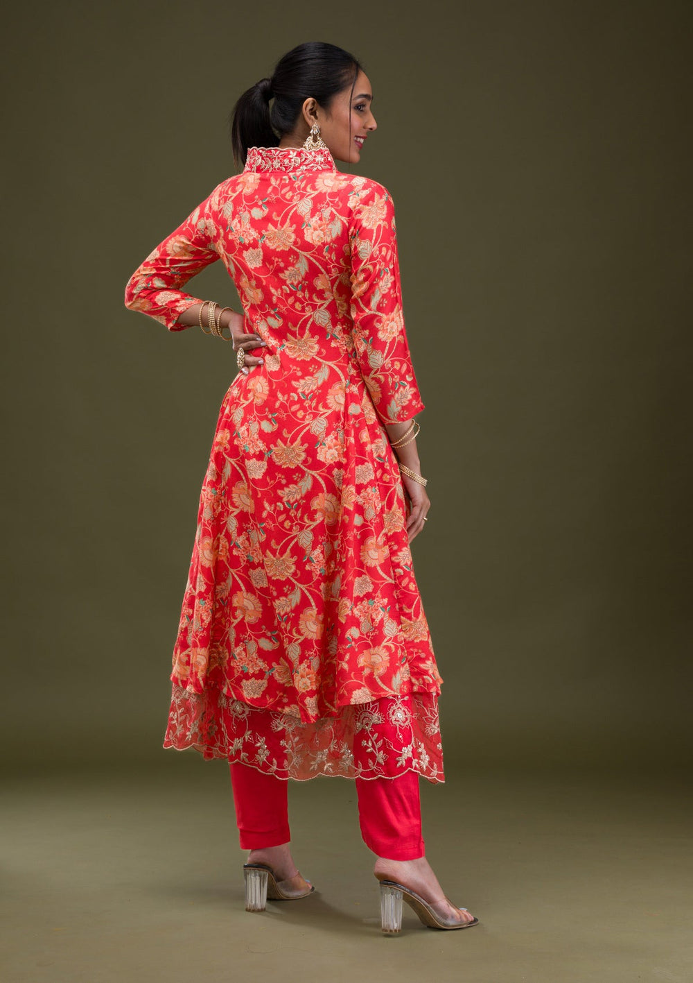 Red Printed Semi Crepe Readymade Salwar Suit-Koskii